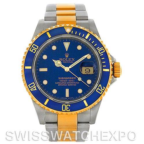 The image shows a Rolex Submariner 16613 Men's Steel and Gold (two tone) Blue Dial 16613 Men's Steel and Gold (two tone) Blue Dial watch from a front angle, displaying its blue and gold bezel, dial, crown, and stainless steel and gold bracelet.