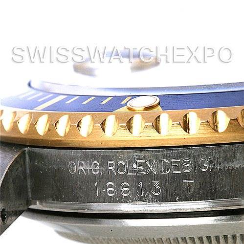 This image shows a close-up side view of the Rolex Submariner 16613 Men's Steel and Gold (two tone) Blue Dial 16613 Men's Steel and Gold (two tone) Blue Dial watch, displaying the bezel and part of the case with the model number 16613.