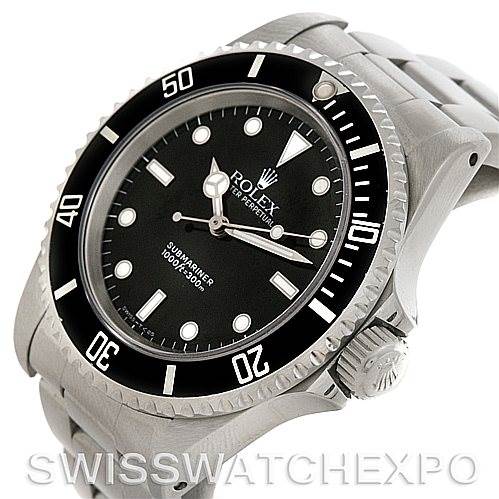 The image shows a Rolex Submariner 14060M Men's Stainless Steel Black Dial 14060M Men's Stainless Steel Black Dial watch from an angled top view, highlighting its bezel, dial, case, and part of the bracelet.