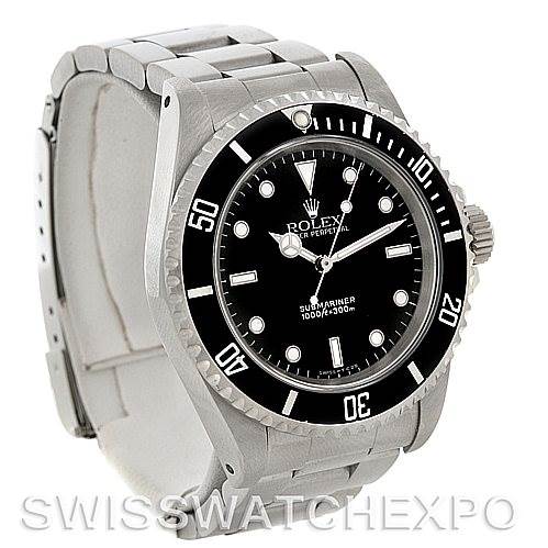 The image shows a Rolex Submariner 14060M Men's Stainless Steel Black Dial 14060M Men's Stainless Steel Black Dial watch from a front-left angle, highlighting the dial, bezel, and stainless steel bracelet.