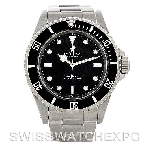This is a front view of a Rolex Submariner 14060M Men's Stainless Steel Black Dial 14060M Men's Stainless Steel Black Dial watch, showcasing its black dial, metal bracelet, and unidirectional rotating bezel.