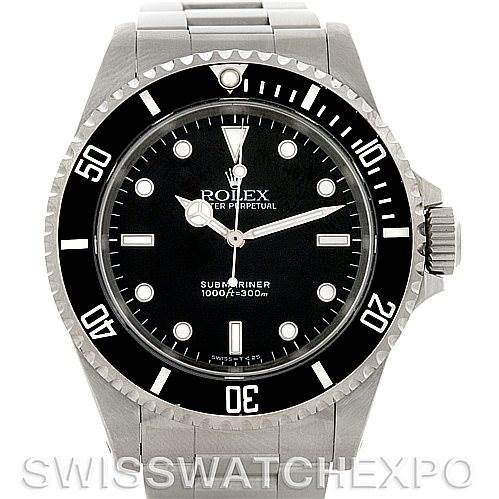 This image shows a front angle view of a Rolex Submariner 14060M Men's Stainless Steel Black Dial 14060M Men's Stainless Steel Black Dial watch, highlighting its dial, bezel, and part of the bracelet.