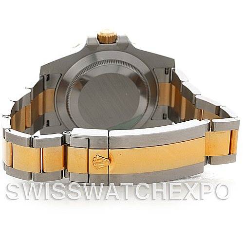 The image shows the back view of a Rolex Submariner 116613BLSO Men's Steel and Gold (two tone) Blue Dial 116613BLSO Men's Steel and Gold (two tone) Blue Dial watch, highlighting its clasp and bracelet with a two-tone design.