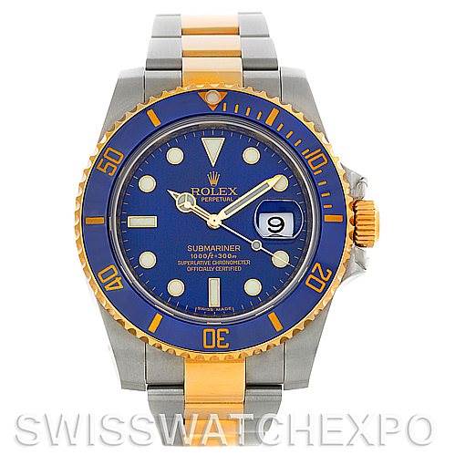 This image shows a front view of the Rolex Submariner 116613BLSO Men's Steel and Gold (two tone) Blue Dial 116613BLSO Men's Steel and Gold (two tone) Blue Dial watch, displaying its blue dial, bezel, date window, and two-tone metal bracelet.