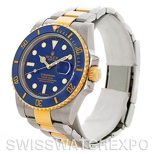 The Rolex Submariner 116613BLSO Men's Steel and Gold (two tone) Blue Dial 116613BLSO Men's Steel and Gold (two tone) Blue Dial watch is shown at a 3 o'clock angle, displaying its blue dial, gold bezel, and two-tone stainless steel and gold bracelet.