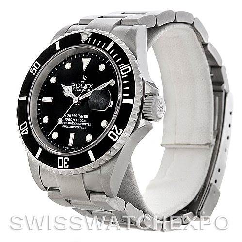 This image shows a side and front angle view of a Rolex Submariner 16610 Men's Stainless Steel Black Dial 16610 Men's Stainless Steel Black Dial watch, highlighting the bezel, dial, and bracelet.