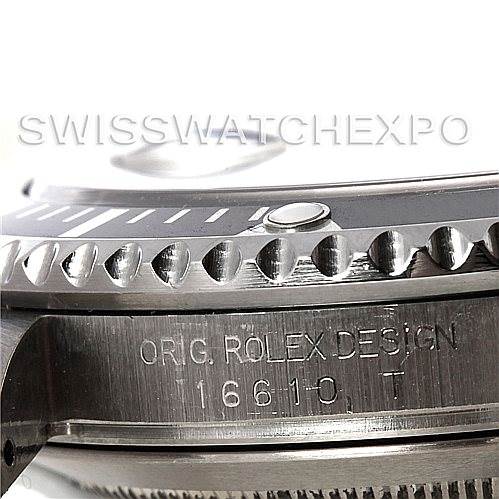 This image shows a close-up side view of a Rolex Submariner 16610 Men's Stainless Steel Black Dial 16610 Men's Stainless Steel Black Dial watch, highlighting the bezel and the engraved model number.