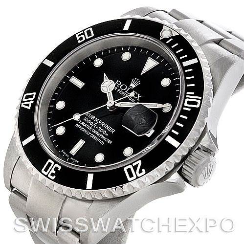 This image shows a close-up angle of the dial, bezel, and part of the bracelet of a Rolex Submariner 16610 Men's Stainless Steel Black Dial 16610 Men's Stainless Steel Black Dial watch.