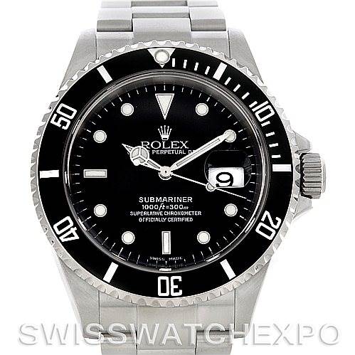 This image shows a front view of the Rolex Submariner 16610 Men's Stainless Steel Black Dial 16610 Men's Stainless Steel Black Dial watch, displaying the dial, bezel, crown, and part of the bracelet.