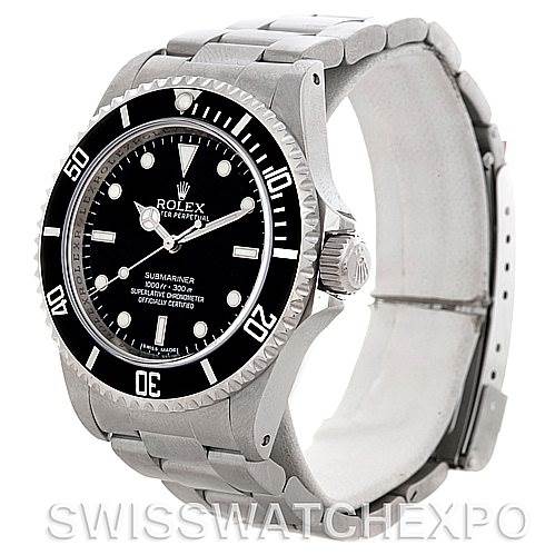 The image shows a Rolex Submariner 14060M Men's Stainless Steel Black Dial 14060M Men's Stainless Steel Black Dial watch angled to display the face, bezel, and portion of the bracelet.