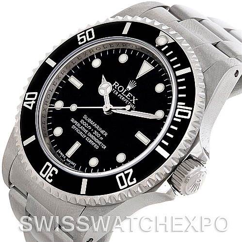 This image shows a Rolex Submariner 14060M Men's Stainless Steel Black Dial 14060M Men's Stainless Steel Black Dial watch from a top-left angle, highlighting the bezel, dial, and crown.