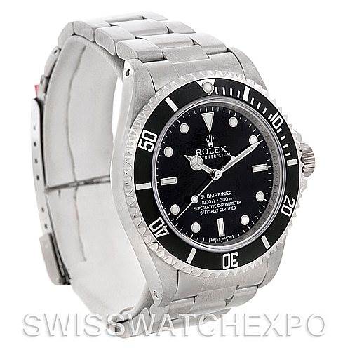 This image shows a Rolex Submariner 14060M Men's Stainless Steel Black Dial 14060M Men's Stainless Steel Black Dial watch from an angled side view, displaying the dial, bezel, crown, and bracelet.