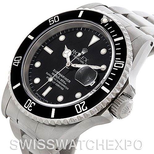 This image shows the front and side of a Rolex Submariner 16610 Men's Stainless Steel Black Dial 16610 Men's Stainless Steel Black Dial, highlighting its black dial, bezel, crown, and part of the bracelet.