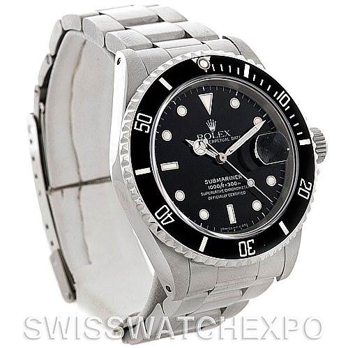 This image shows a Rolex Submariner 16610 Men's Stainless Steel Black Dial 16610 Men's Stainless Steel Black Dial watch from an angled side view, displaying its bezel, dial, and bracelet.