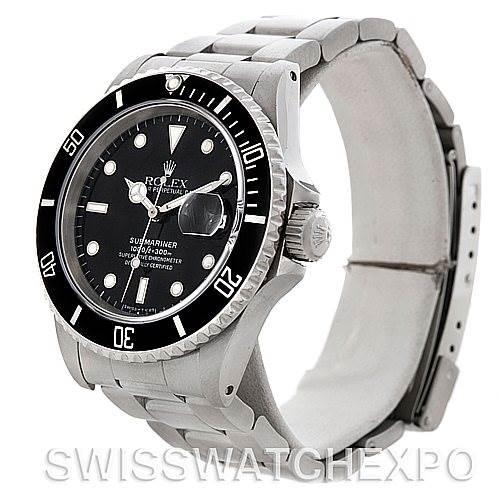 The image shows a Rolex Submariner 16610 Men's Stainless Steel Black Dial 16610 Men's Stainless Steel Black Dial watch at a three-quarter angle, highlighting its black dial, bezel, and stainless steel bracelet.