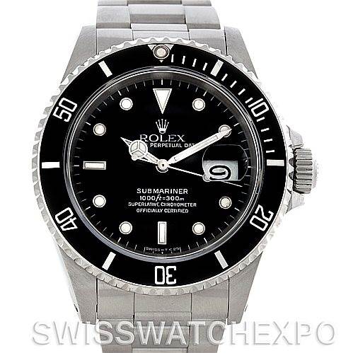 The image shows a front view of a Rolex Submariner 16610 Men's Stainless Steel Black Dial 16610 Men's Stainless Steel Black Dial watch, highlighting its dial, bezel, and bracelet.