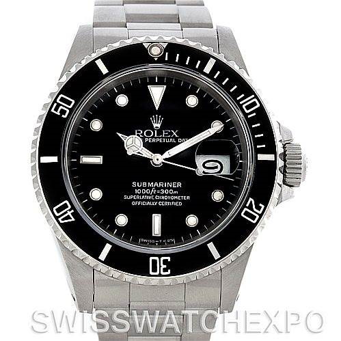 The image shows a front view of a Rolex Submariner watch, highlighting its dial, bezel, and bracelet.