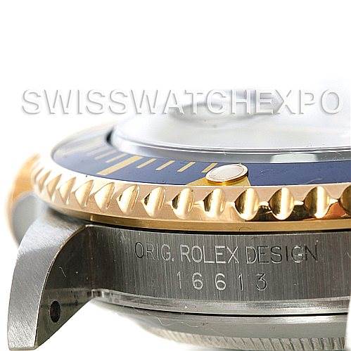 The image shows a close-up side angle of a Rolex Submariner 16613 Men's Steel and Gold (two tone) Grey Dial 16613 Men's Steel and Gold (two tone) Grey Dial watch, highlighting the bezel, part of the dial, and the model number "16613."