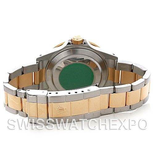 This image shows the back view of a Rolex Submariner 16613 Men's Steel and Gold (two tone) Grey Dial 16613 Men's Steel and Gold (two tone) Grey Dial watch, highlighting its two-tone bracelet and clasp.