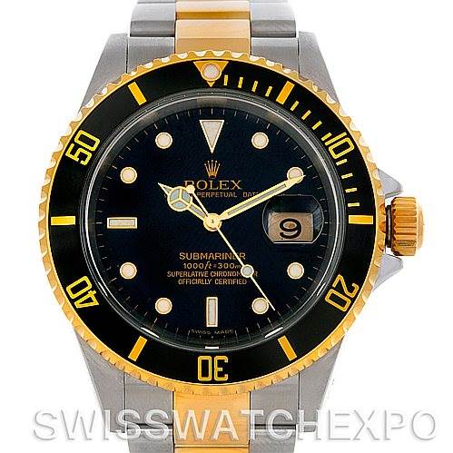 This image shows the front view of a Rolex Submariner 16613 Men's Steel and Gold (two tone) Black Dial 16613 Men's Steel and Gold (two tone) Black Dial watch, highlighting its two-tone bezel, dial, and bracelet.