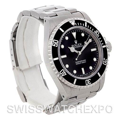 The watch shown is a Rolex Submariner, displayed at a three-quarter angle highlighting the face, band, and crown.