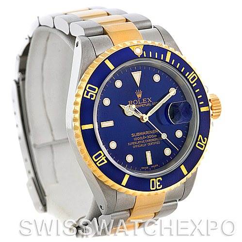 This image shows a front and slightly angled view of a Rolex Submariner 16613 Men's Steel and Gold (two tone) Blue Dial 16613 Men's Steel and Gold (two tone) Blue Dial watch, highlighting its blue dial, gold and silver bracelet, and bezel.