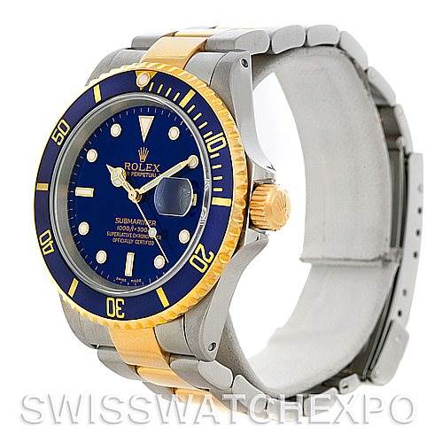 This image shows a side angle of a Rolex Submariner 16613 Men's Steel and Gold (two tone) Blue Dial 16613 Men's Steel and Gold (two tone) Blue Dial watch, highlighting its blue dial, bezel, and two-tone metal bracelet.