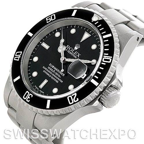 The image shows a close-up of a Rolex Submariner 16610 Men's Stainless Steel Black Dial 16610 Men's Stainless Steel Black Dial watch from an angled side view, highlighting the bezel, dial, crown, and part of the bracelet.