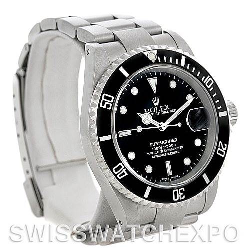 The image shows a Rolex Submariner 16610 Men's Stainless Steel Black Dial 16610 Men's Stainless Steel Black Dial watch from a front-left angle, highlighting its dial, bezel, and bracelet.