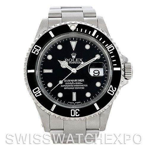 The image shows a Rolex Submariner 16610 Men's Stainless Steel Black Dial 16610 Men's Stainless Steel Black Dial watch from the front, highlighting the dial, bezel, and bracelet.