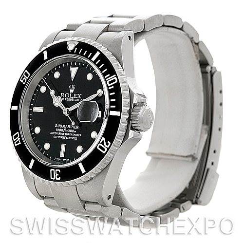The image shows a side angle of a Rolex Submariner 16610 Men's Stainless Steel Black Dial 16610 Men's Stainless Steel Black Dial watch, highlighting the bezel, dial, crown, and bracelet.