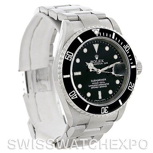 The image shows a frontal and slightly angled view of the Rolex Submariner 16610 Men
s Stainless Steel Black Dial 16610 Men
s Stainless Steel Black Dial, showcasing its bezel, dial, and bracelet.