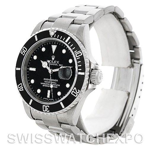 This image shows the Rolex Submariner 16610 Men
s Stainless Steel Black Dial 16610 Men
s Stainless Steel Black Dial watch at an angled view displaying the dial, bezel, case, bracelet, and partially opened clasp.