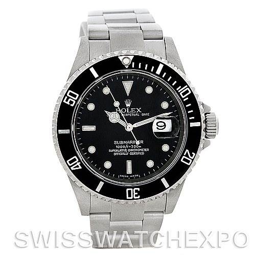 The image shows a front view of a Rolex Submariner 16610 Men
s Stainless Steel Black Dial 16610 Men
s Stainless Steel Black Dial, displaying the black dial, date window, and stainless steel bracelet.
