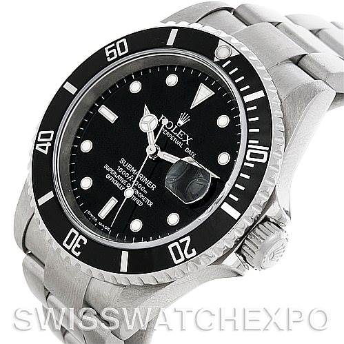 The image shows a Rolex Submariner 16610 Men
s Stainless Steel Black Dial 16610 Men
s Stainless Steel Black Dial watch, featuring its dial, bezel, crown, and part of the bracelet, viewed at an angled side perspective.