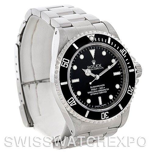 This image shows a Rolex Submariner 14060 Men's Stainless Steel Black Dial 14060 Men's Stainless Steel Black Dial watch at an angle displaying the face, bezel, crown, and part of the bracelet.