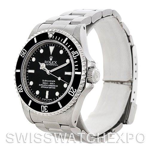 This image shows a side angle view of the Rolex Submariner 14060 Men's Stainless Steel Black Dial 14060 Men's Stainless Steel Black Dial watch, highlighting its bezel, crown, dial, and bracelet.