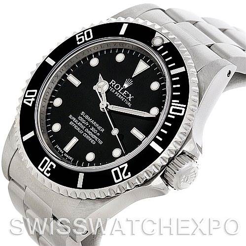 The image shows a side and partial front view of a Rolex Submariner 14060 Men's Stainless Steel Black Dial 14060 Men's Stainless Steel Black Dial watch, highlighting the bezel, dial, and crown.