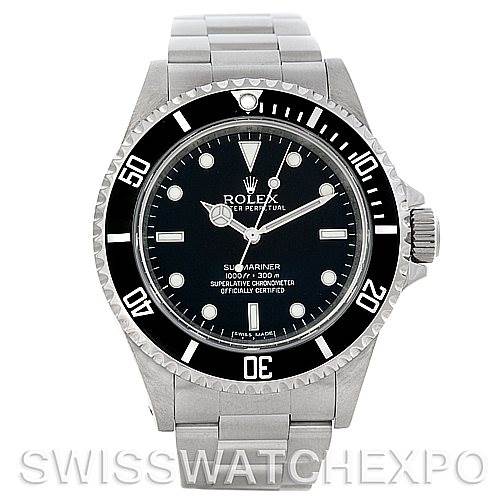 This image shows a front view of the Rolex Submariner 14060 Men's Stainless Steel Black Dial 14060 Men's Stainless Steel Black Dial watch, highlighting its face, bezel, and bracelet.