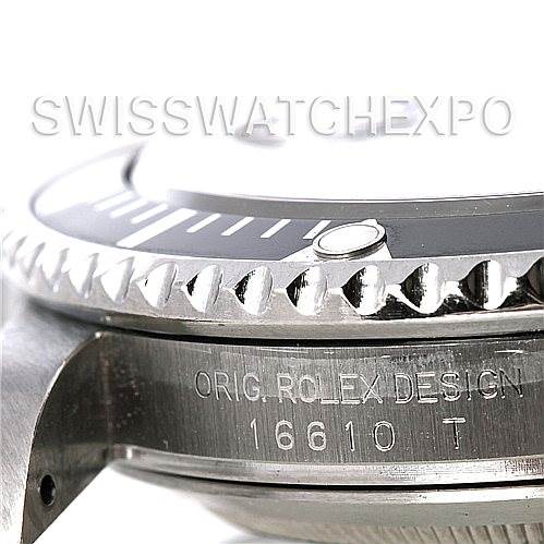 The image shows a close-up side view of the bezel and case of a Rolex Submariner 16610 Men's Stainless Steel Black Dial 16610 Men's Stainless Steel Black Dial 16610 model.