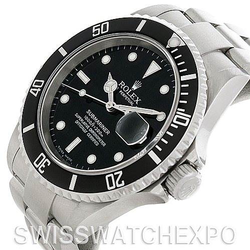 The image shows a Rolex Submariner 16610 Men's Stainless Steel Black Dial 16610 Men's Stainless Steel Black Dial watch at a three-quarter angle highlighting its dial, bezel, and bracelet.