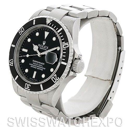 The image shows a Rolex Submariner 16610 Men's Stainless Steel Black Dial 16610 Men's Stainless Steel Black Dial watch at a side angle, displaying its bezel, dial, crown, and bracelet.