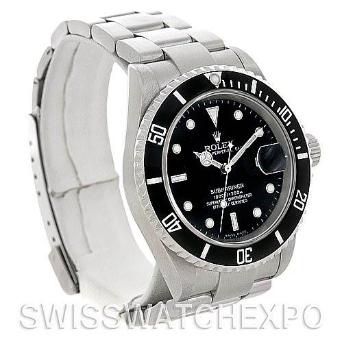The image shows a side angle of a Rolex Submariner 16610 Men's Stainless Steel Black Dial 16610 Men's Stainless Steel Black Dial watch, prominently displaying its bezel, dial, and bracelet.