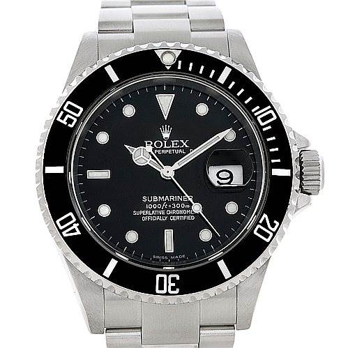 This image shows a front view of a Rolex Submariner 16610 Men's Stainless Steel Black Dial 16610 Men's Stainless Steel Black Dial watch, highlighting its dial, bezel, and bracelet.