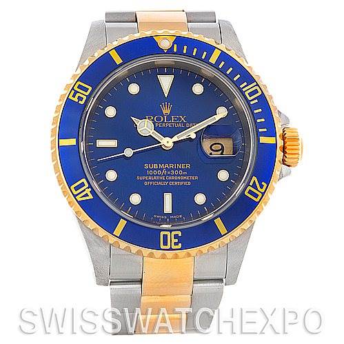 This image shows a front view of the Rolex Submariner 16613 Men's Steel and Gold (two tone) Blue Dial 16613 Men's Steel and Gold (two tone) Blue Dial watch, highlighting the blue dial, bezel, and gold accents on the bracelet.