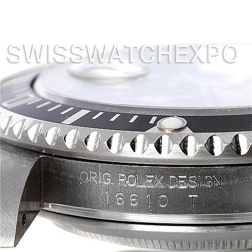 The image shows a close-up side view of a Rolex Submariner 16610 Men's Stainless Steel Black Dial 16610 Men's Stainless Steel Black Dial model, highlighting the bezel, the "Orig Rolex Design" inscription, and model number 16610 T.