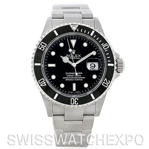 The Rolex Submariner 16610 Men's Stainless Steel Black Dial 16610 Men's Stainless Steel Black Dial watch is shown from the front, displaying its dial, bezel, bracelet, and crown.