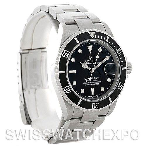 The image shows a side and angled top view of a Rolex Submariner 16610 Men's Stainless Steel Black Dial 16610 Men's Stainless Steel Black Dial watch, highlighting its bracelet, bezel, and dial.