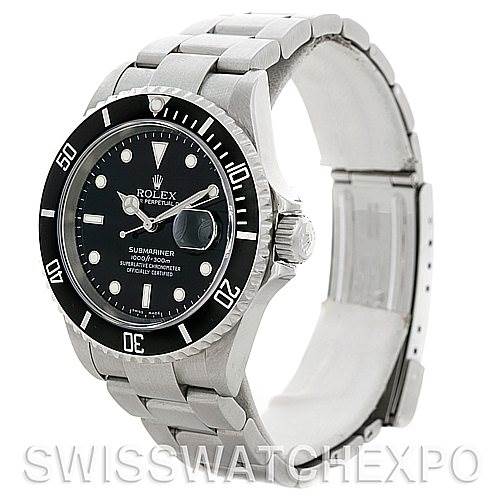 The image shows the Rolex Submariner 16610 Men's Stainless Steel Black Dial 16610 Men's Stainless Steel Black Dial watch from a front-side angle, highlighting its face, bezel, crown, and bracelet.
