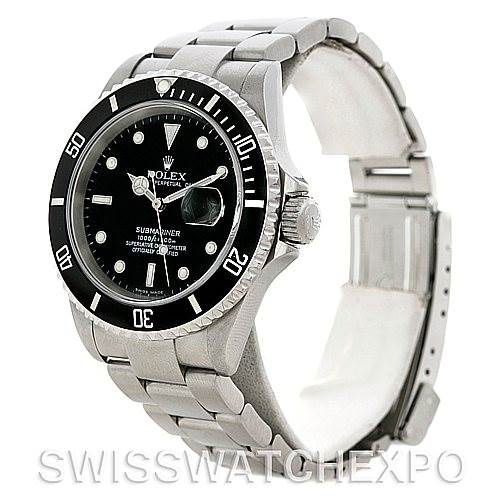 This image shows the Rolex Submariner 16610 Men's Stainless Steel Black Dial 16610 Men's Stainless Steel Black Dial watch from an angle highlighting the face, bezel, crown, and bracelet.